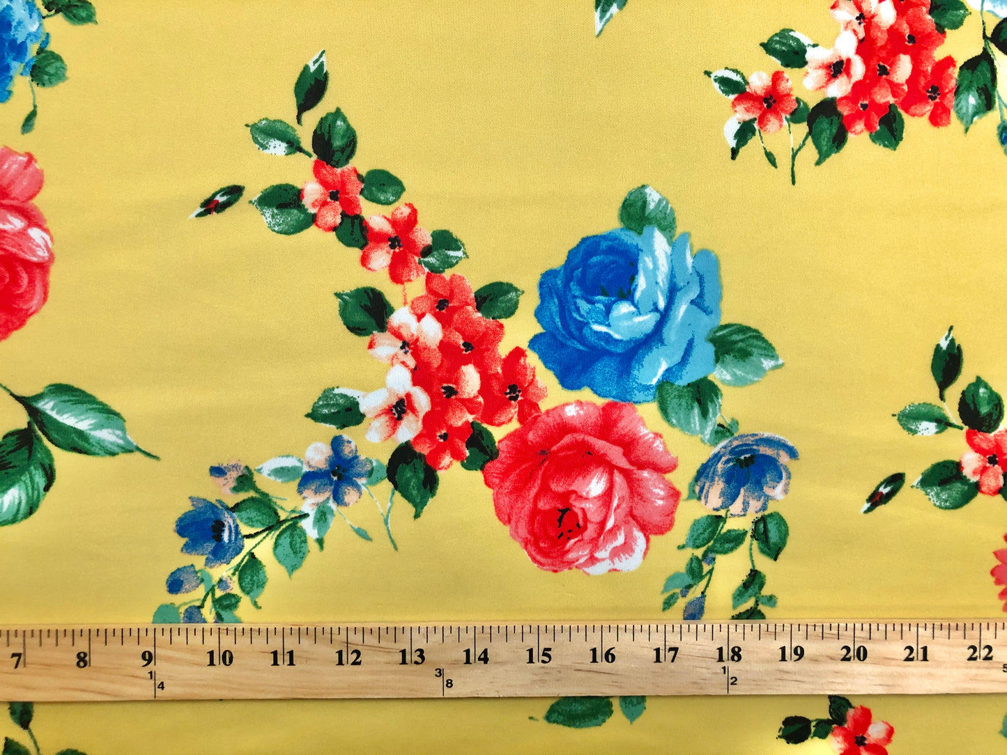Scuba Techno Knit Fabric — Sunny Yellow with Red & Blue Rose Bouquets, Soft-Touch Double Knit, 4-Way Stretch, 56″, 220 GSM — By the Yard (SCTPR022)