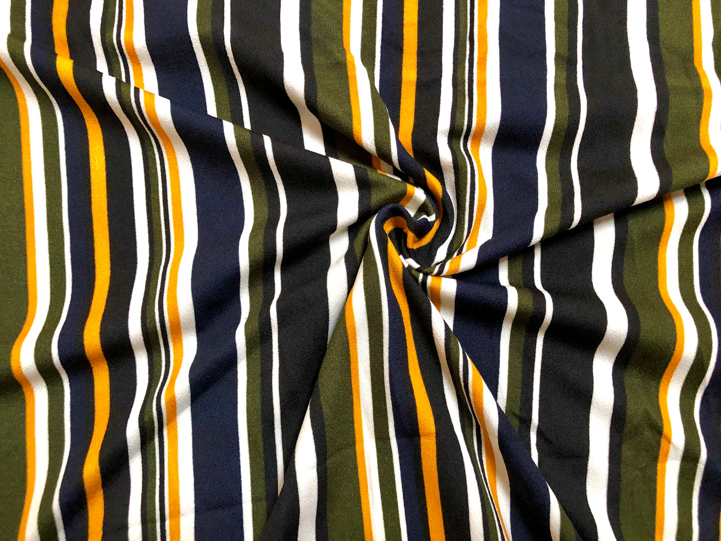 Techno Crepe Knit Fabric – 4-Way Stretch, Silky Drape, Wrinkle-Resistant, 56″ Wide, 240 GSM – Olive/Mustard/Navy/Black/White Vertical Stripe – Sold by the Yard (TCRP09)