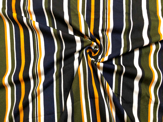 Techno Crepe Knit Fabric – 4-Way Stretch, Silky Drape, Wrinkle-Resistant, 56″ Wide, 240 GSM – Olive/Mustard/Navy/Black/White Vertical Stripe – Sold by the Yard (TCRP09)