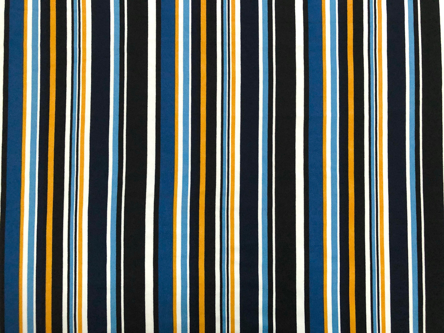Techno Crepe Knit Fabric – 4-Way Stretch, Silky Drape, Wrinkle-Resistant, 56″ Wide, 240 GSM – Navy/Teal/Sky Blue/Gold/White/Black Vertical Stripe – Sold by the Yard-(TCRP011)