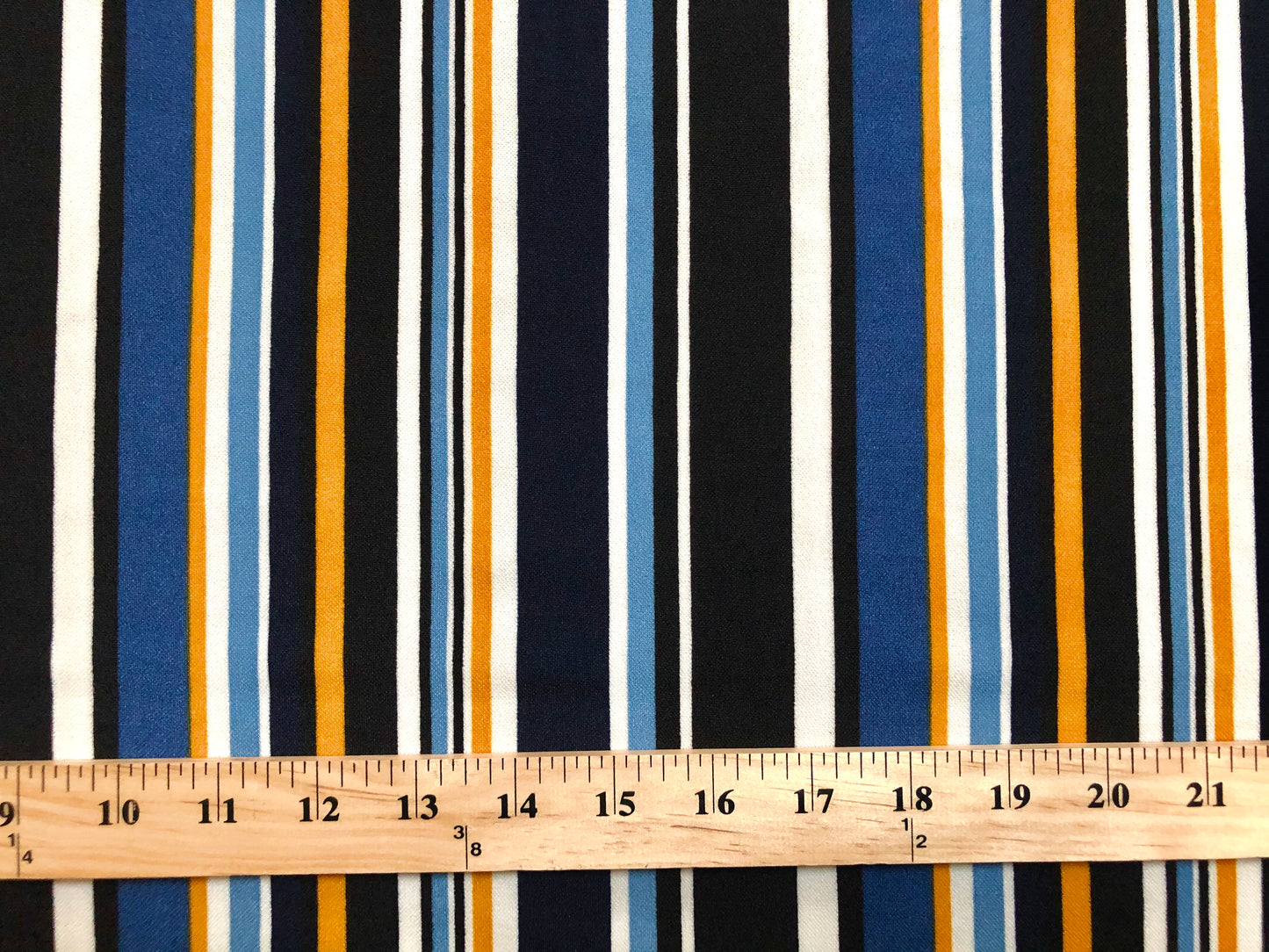 Techno Crepe Knit Fabric – 4-Way Stretch, Silky Drape, Wrinkle-Resistant, 56″ Wide, 240 GSM – Navy/Teal/Sky Blue/Gold/White/Black Vertical Stripe – Sold by the Yard-(TCRP011)