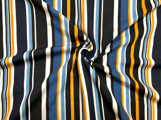 Techno Crepe Knit Fabric – 4-Way Stretch, Silky Drape, Wrinkle-Resistant, 56″ Wide, 240 GSM – Navy/Teal/Sky Blue/Gold/White/Black Vertical Stripe – Sold by the Yard-(TCRP011)