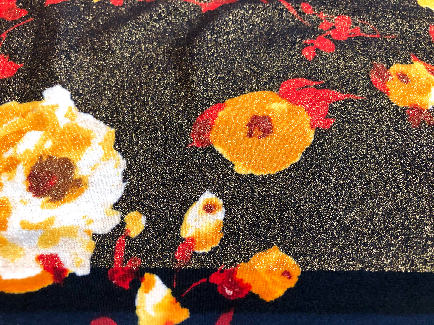 DTY Brushed Knit Fabric – Midnight Gold Glitter Rose Floral on Black – 4-Way Stretch, 58" Wide, 180 GSM – Sold by the Yard (DTYBPR221)