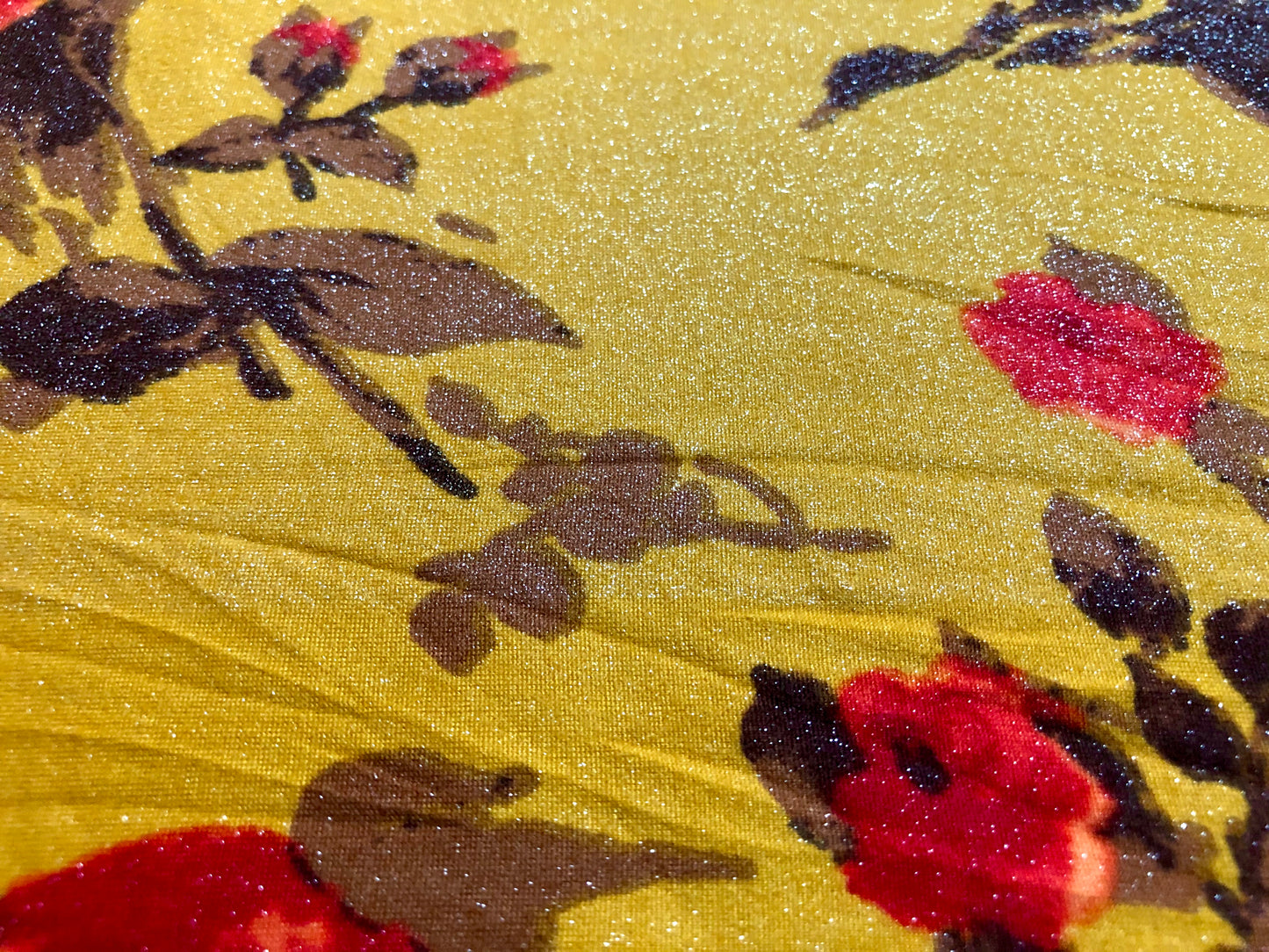 DTY Brushed Fabric-Mustard Red Brown Autumn Flowers-Glitter Foil-DTYBPR223-Sold by the Yard-Jersey Shimmer Fabric