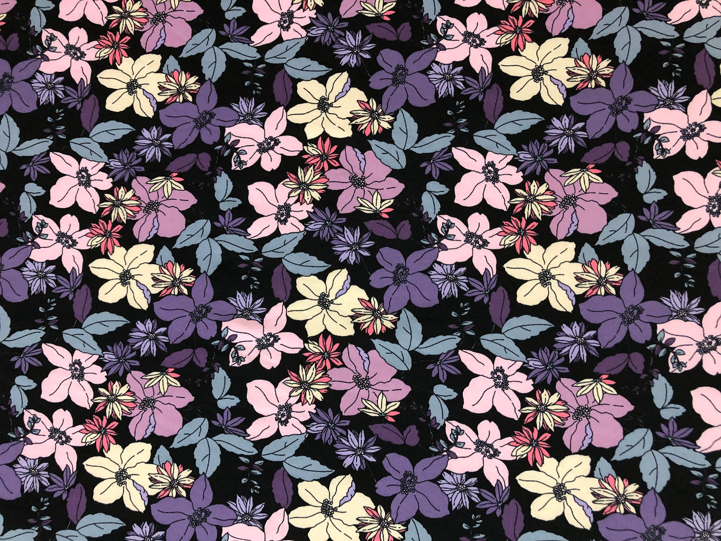 DTY Brushed Fabric-Black Purple Vanilla Mandevillas-DTYBPR532-Sold by the Yard-Jersey Fabric
