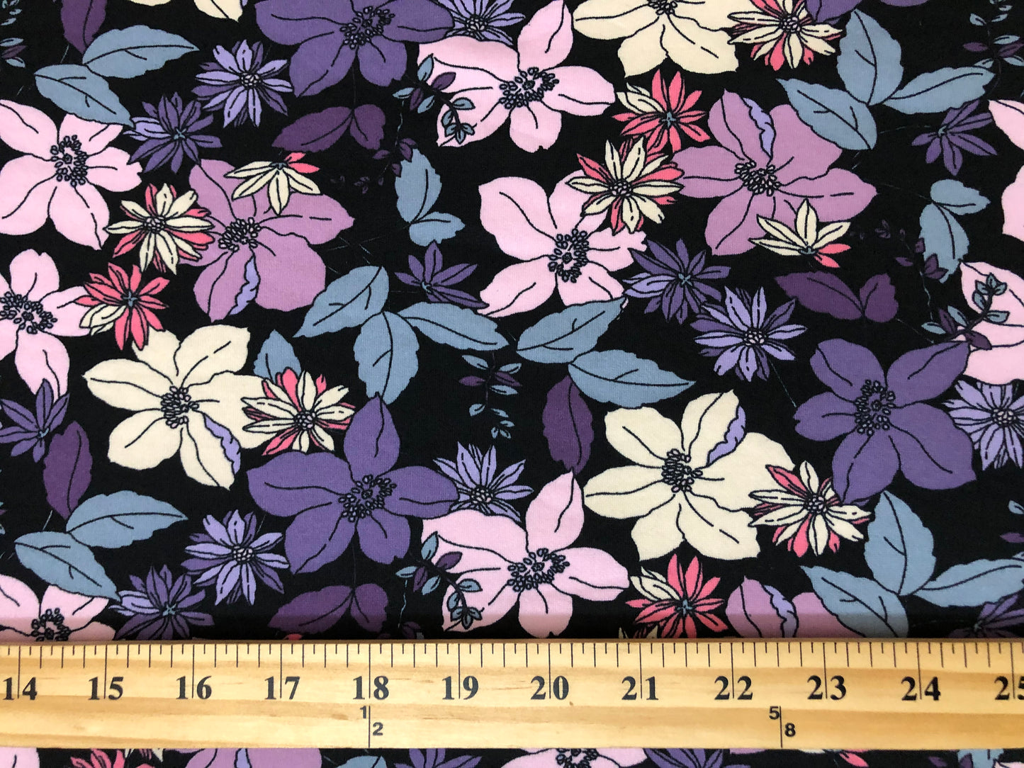DTY Brushed Fabric-Black Purple Vanilla Mandevillas-DTYBPR532-Sold by the Yard-Jersey Fabric
