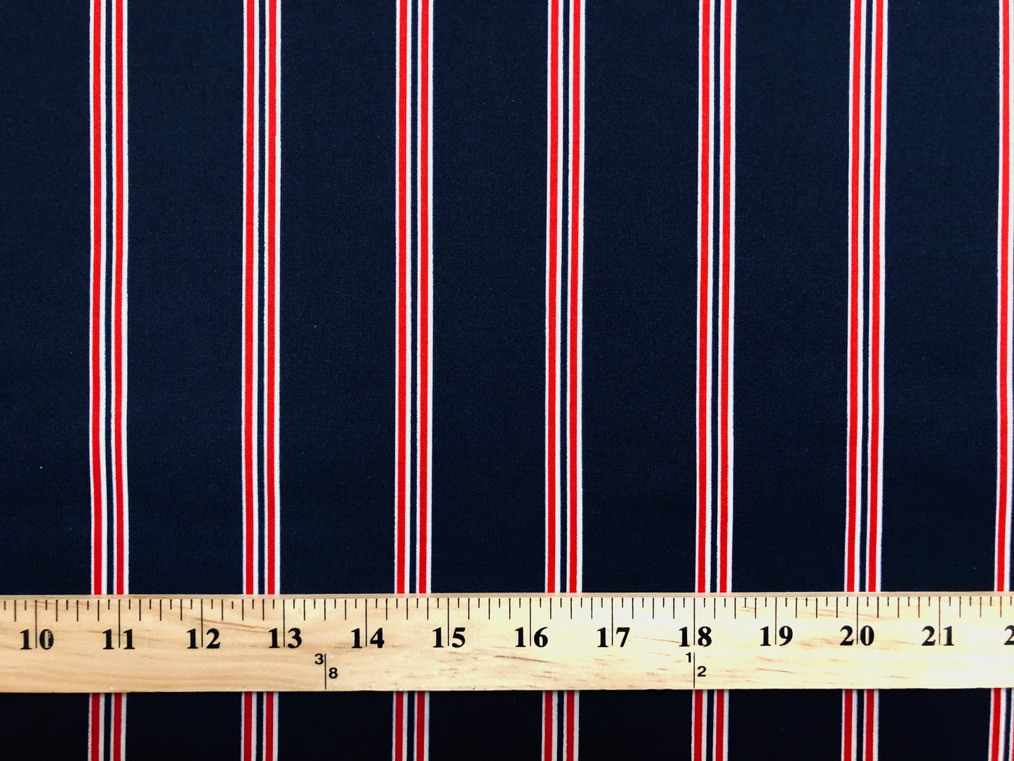 Scuba Techno Knit Fabric — Navy with Red/White Vertical Pinstripes, Soft-Touch Double Knit, 4-Way Stretch, 56″, 220 GSM — By the Yard (SCTPR023)