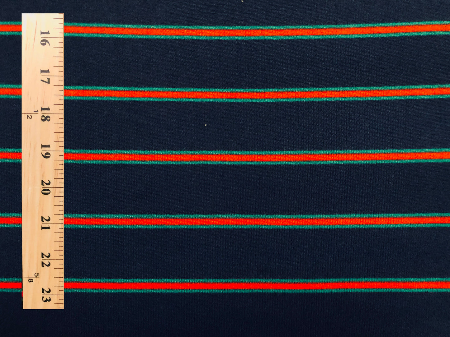 Classic Navy Pinstripe Hacci Sweater Knit – Teal & Red Stripes, 56″ Wide, 95% Polyester 5% Spandex – Sold by the Yard (HSPR028)
