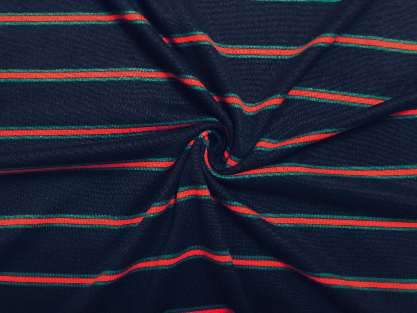 Classic Navy Pinstripe Hacci Sweater Knit – Teal & Red Stripes, 56″ Wide, 95% Polyester 5% Spandex – Sold by the Yard (HSPR028)