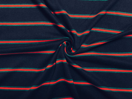 Classic Navy Pinstripe Hacci Sweater Knit – Teal & Red Stripes, 56″ Wide, 95% Polyester 5% Spandex – Sold by the Yard (HSPR028)