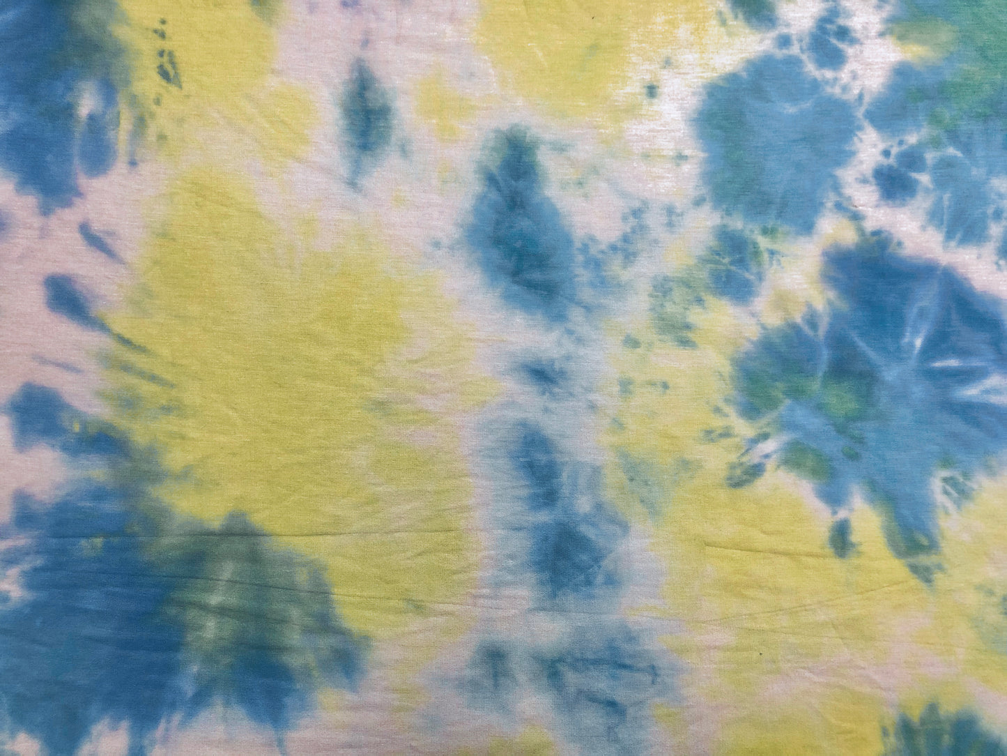 Vibrant Tie-Dye French Terry Knit Fabric – Blue, Yellow & Green | 56" Wide Rayon-Poly-Spandex Stretch | Soft, Stylish & Sold by the Yard (FTKTD02)