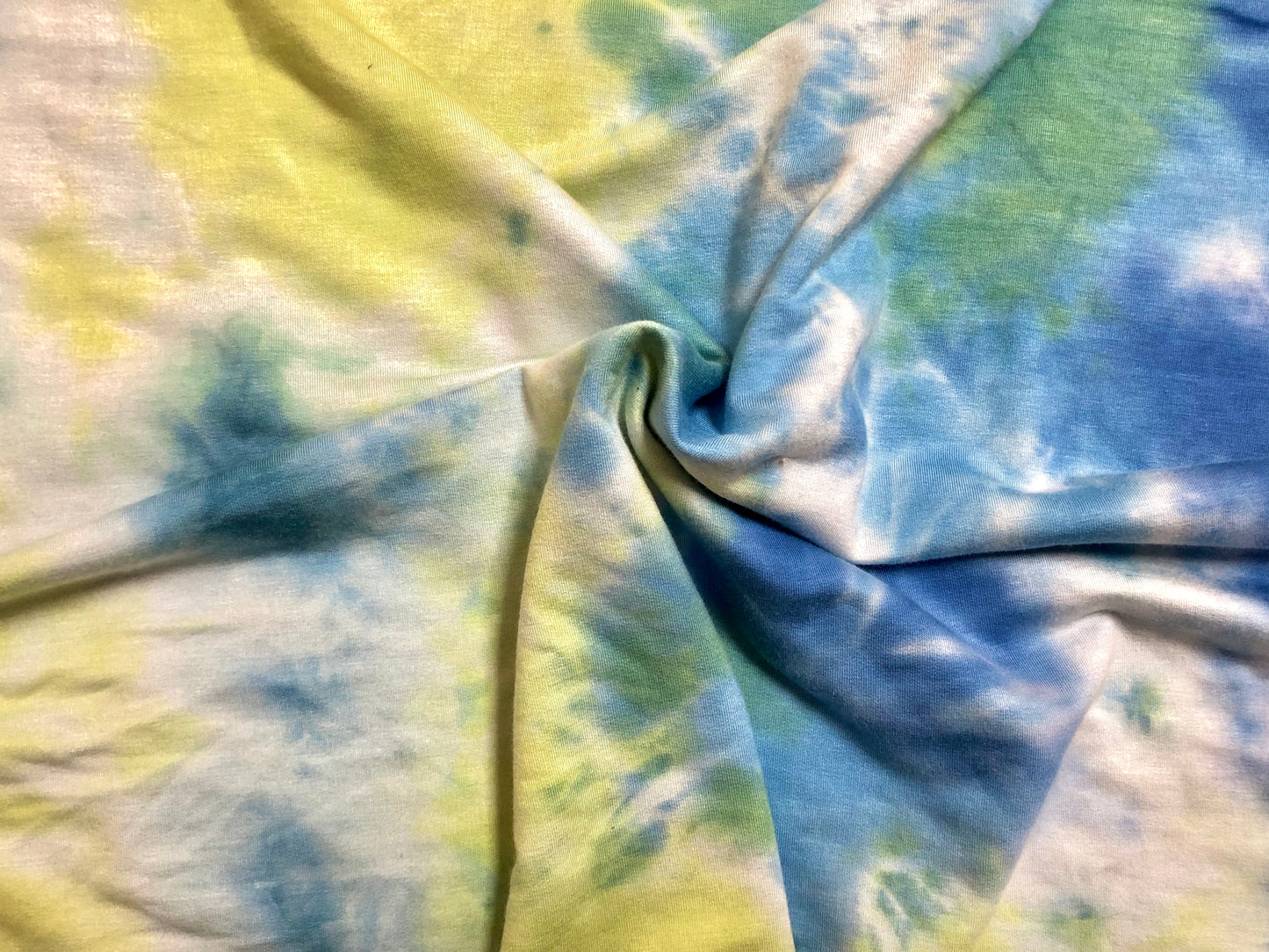 Vibrant Tie-Dye French Terry Knit Fabric – Blue, Yellow & Green | 56" Wide Rayon-Poly-Spandex Stretch | Soft, Stylish & Sold by the Yard (FTKTD02)