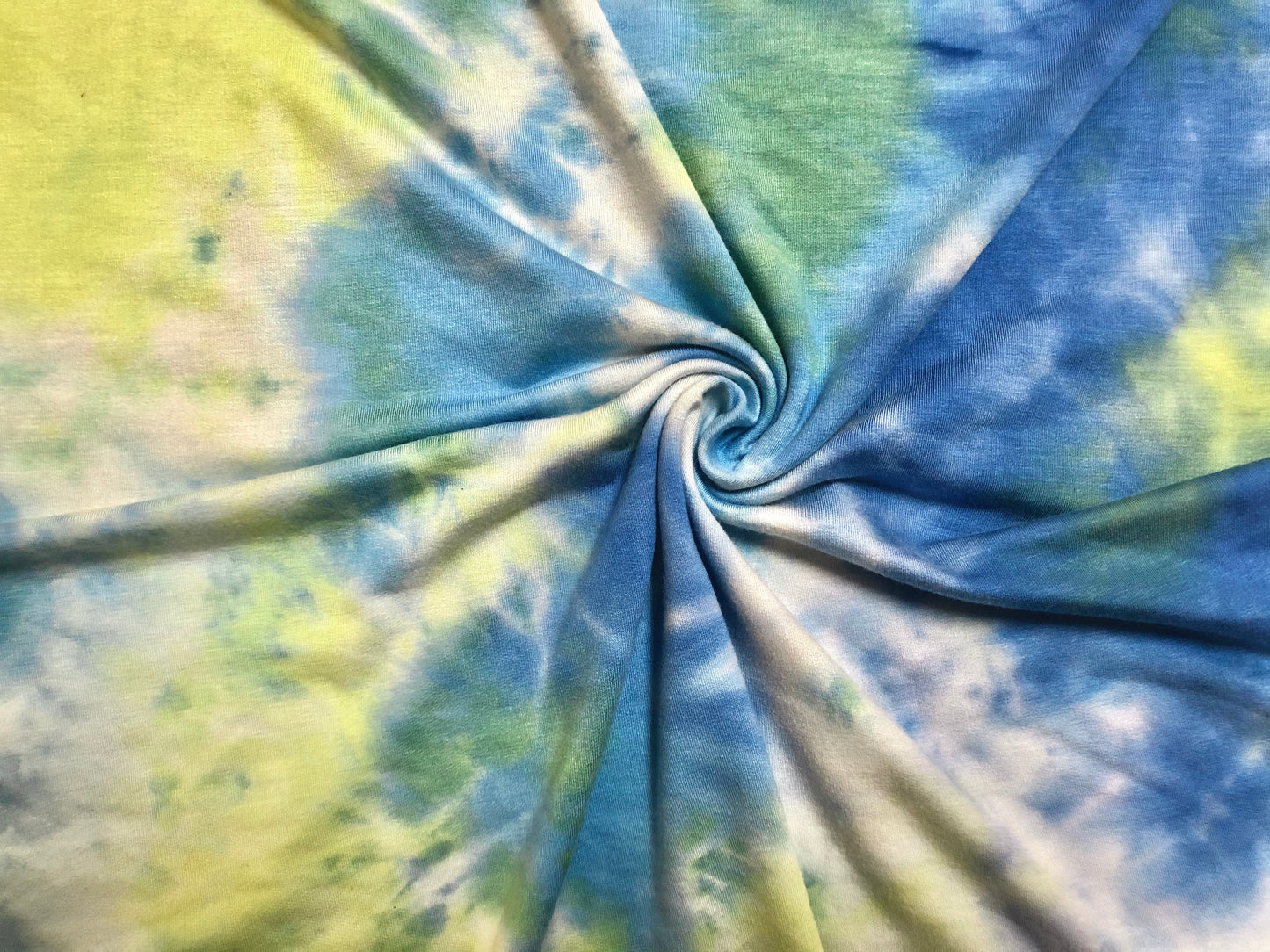 Vibrant Tie-Dye French Terry Knit Fabric – Blue, Yellow & Green | 56" Wide Rayon-Poly-Spandex Stretch | Soft, Stylish & Sold by the Yard (FTKTD02)