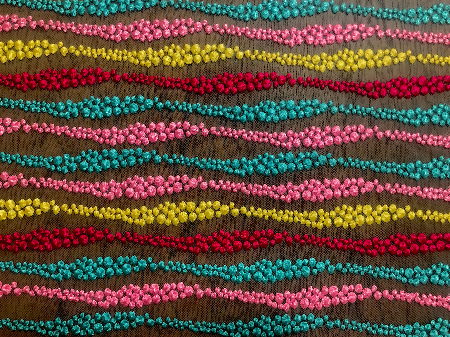Multicolor 3D Embroidered Mesh – Couture French-Knot Wavy Stripe, Teal/Pink/Yellow/Red on White, 45” Wide (MEBPR01)