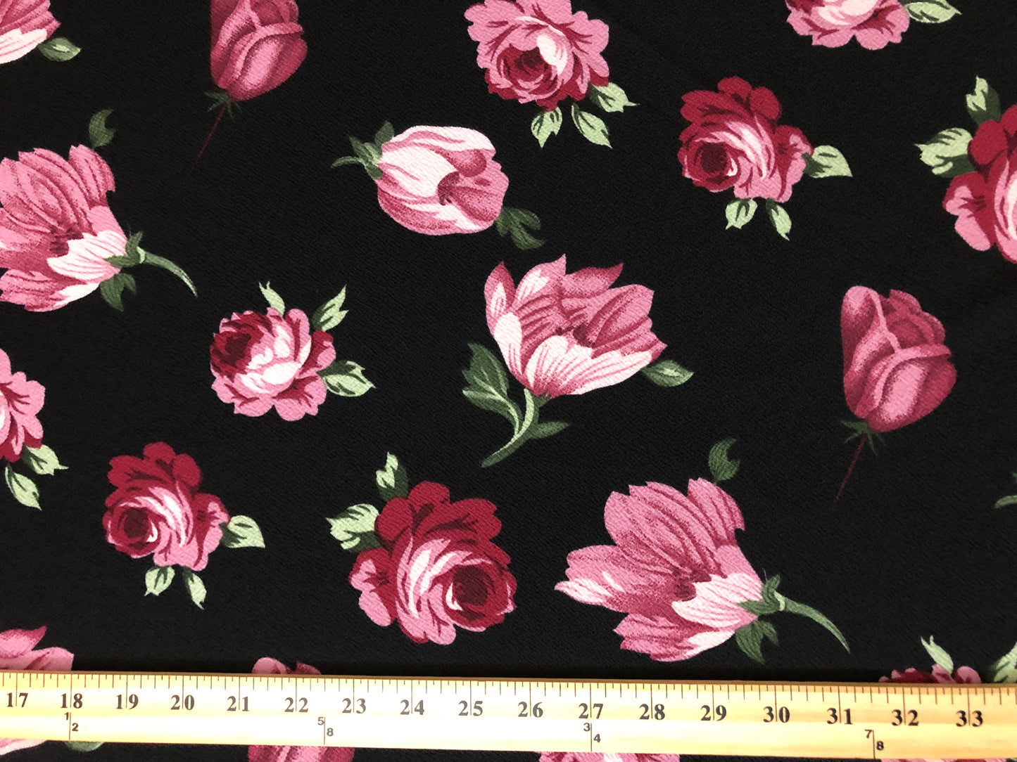 Liverpool Knit – Pink & Mauve Roses & Vintage Rose Garden on Black – 4-Way Stretch, 200 GSM, 56" Wide – Sold by the Yard (LVPR330)