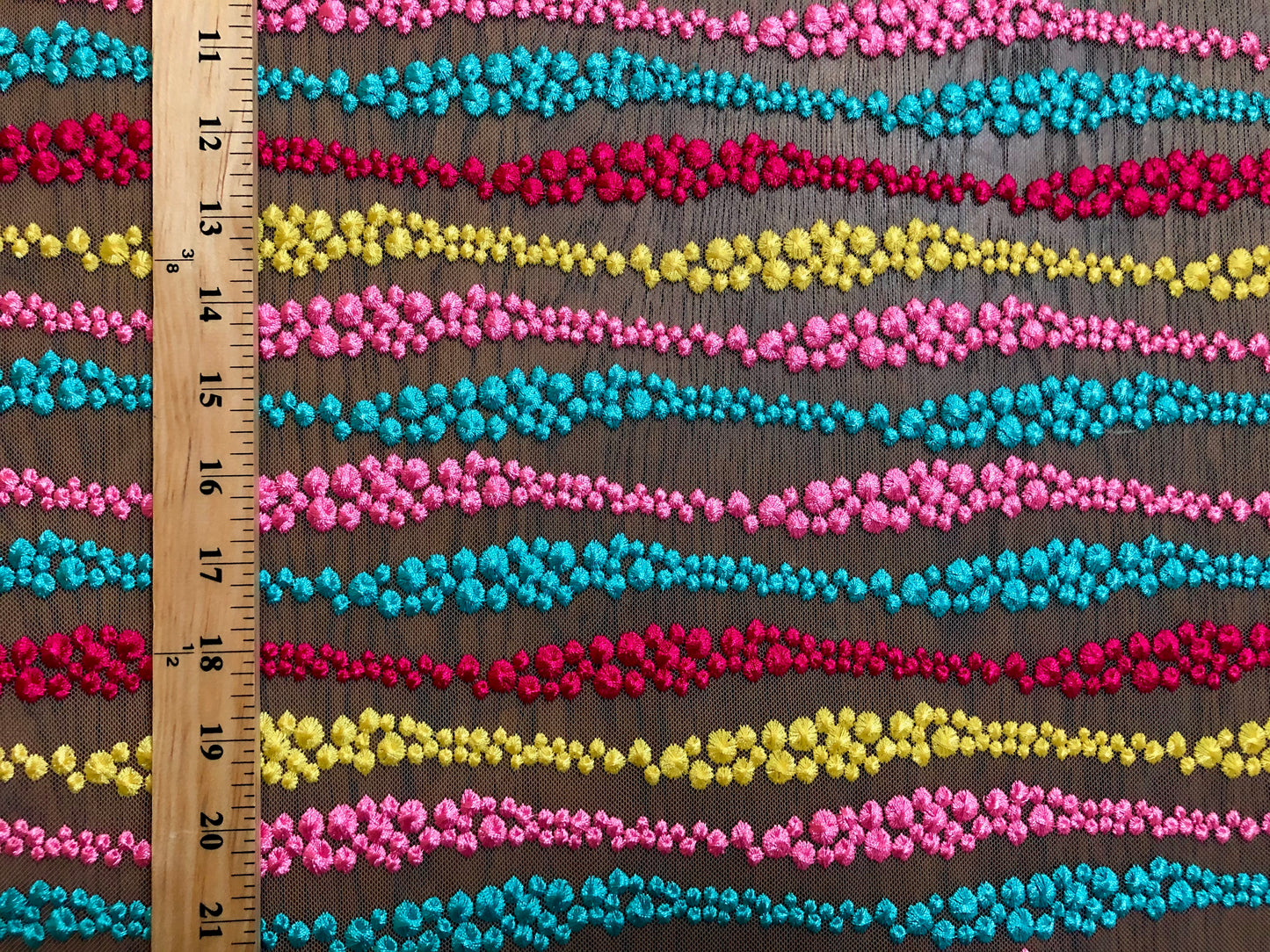 Multicolor 3D Embroidered Mesh – Couture French-Knot Wavy Stripe, Teal/Pink/Yellow/Red on White, 45” Wide (MEBPR01)