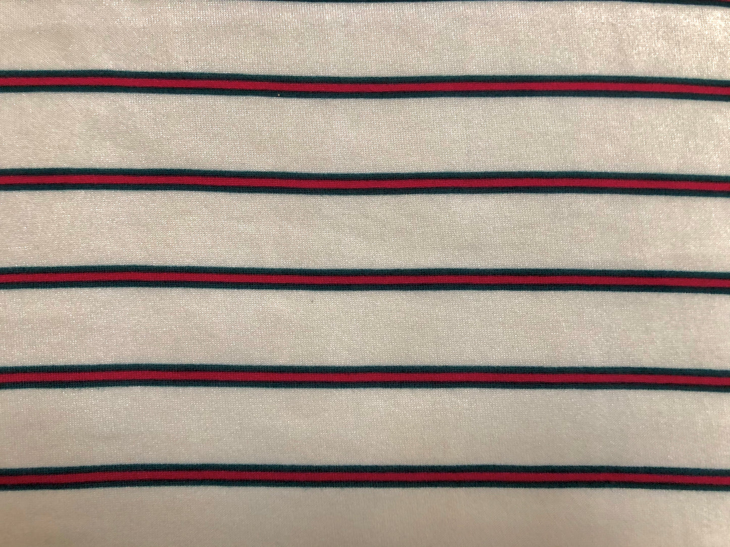 Classic Ivory Pinstripe Hacci Sweater Knit – Teal & Red Stripes, 56″ Wide, 95% Polyester 5% Spandex – Sold by the Yard (HSPR027)