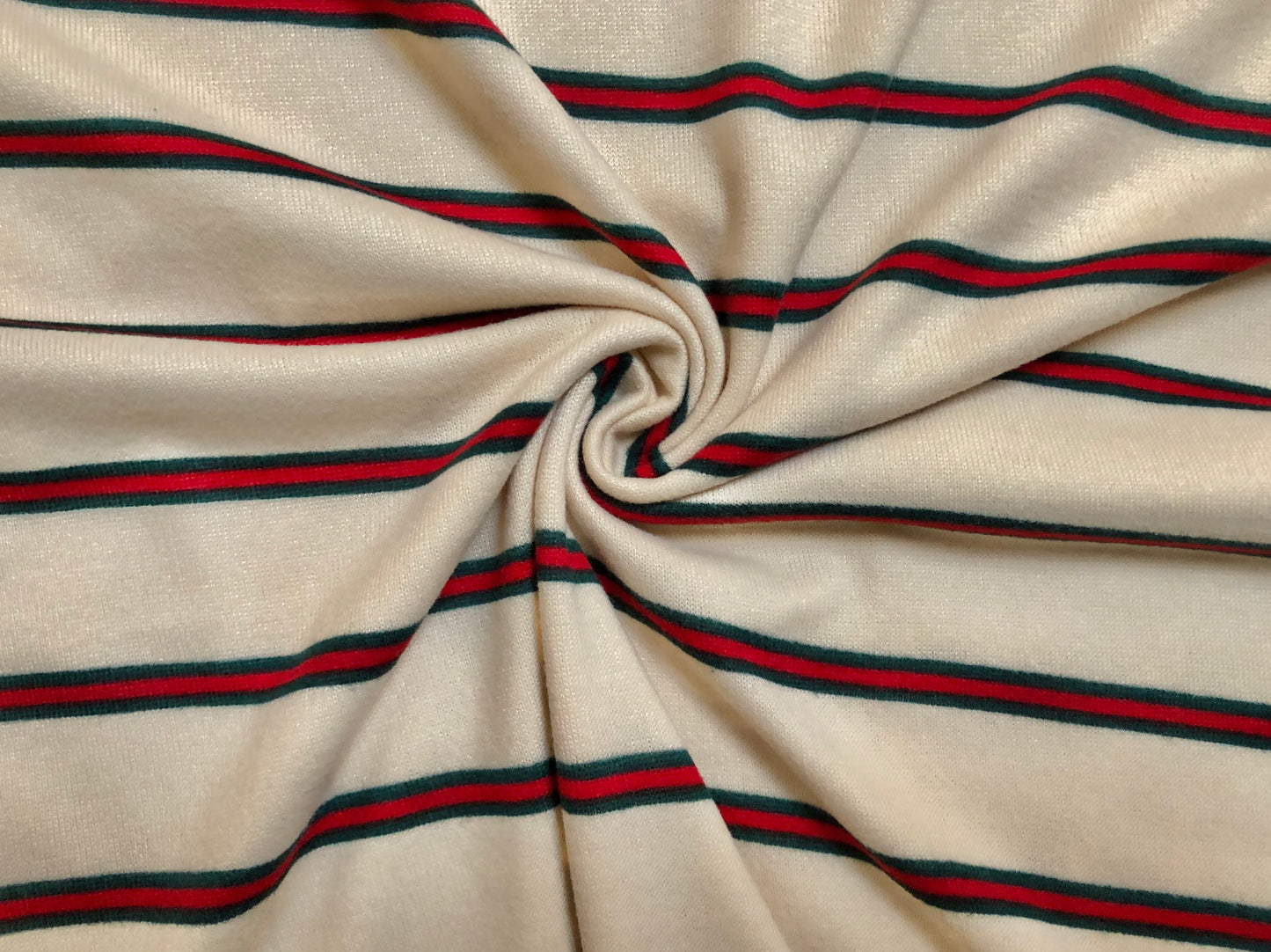 Classic Ivory Pinstripe Hacci Sweater Knit – Teal & Red Stripes, 56″ Wide, 95% Polyester 5% Spandex – Sold by the Yard (HSPR027)