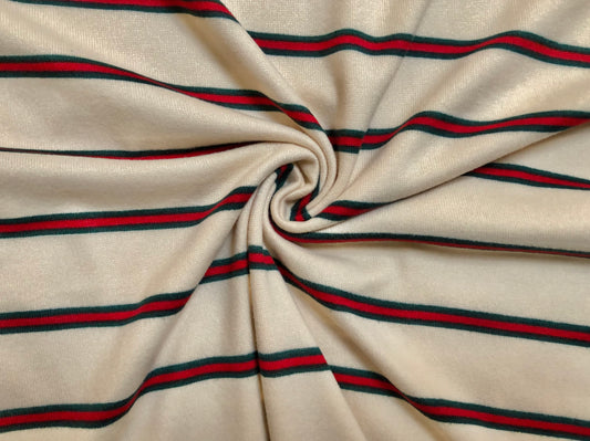 Classic Ivory Pinstripe Hacci Sweater Knit – Teal & Red Stripes, 56″ Wide, 95% Polyester 5% Spandex – Sold by the Yard (HSPR027)
