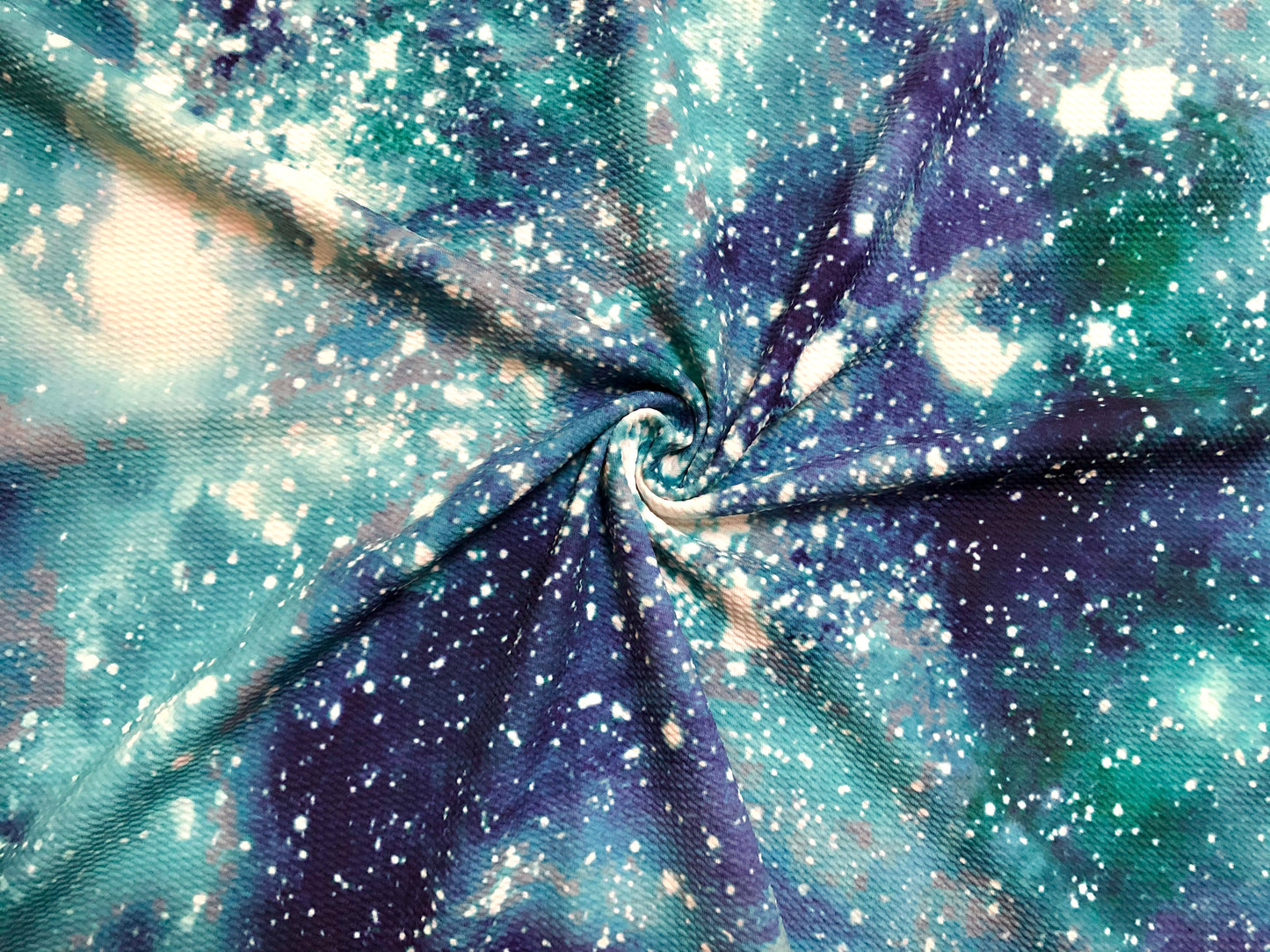 Bullet Knit Fabric – Teal & Blue Galaxia Tie‑Dye Stretch Print, 56″ Wide, Sold by the Yard (BTDP048)