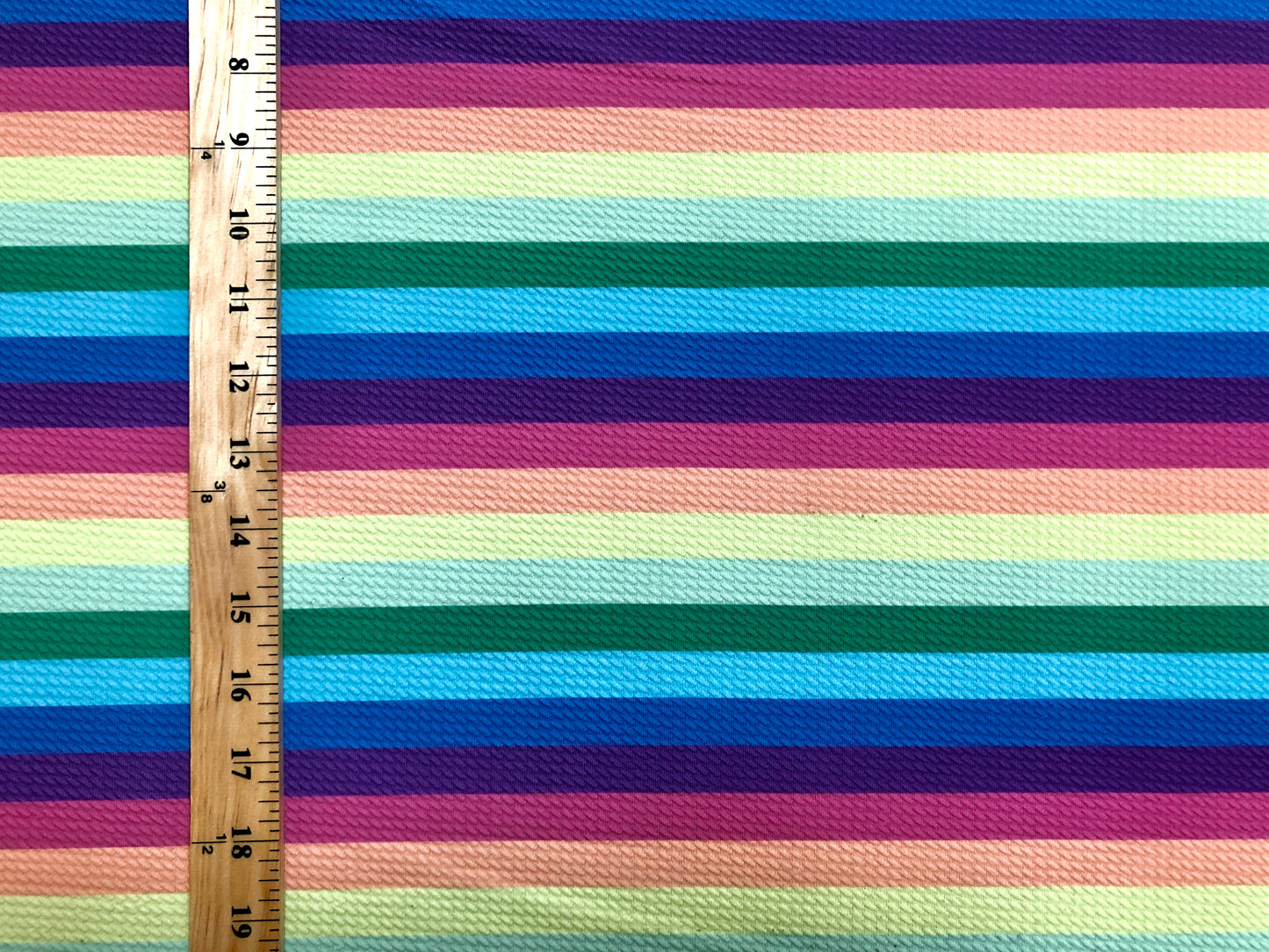 Bullet Knit Fabric – Blue, Purple & Rainbow Horizontal Stripe Print, 56″ Wide, Sold by the Yard (BPR182)