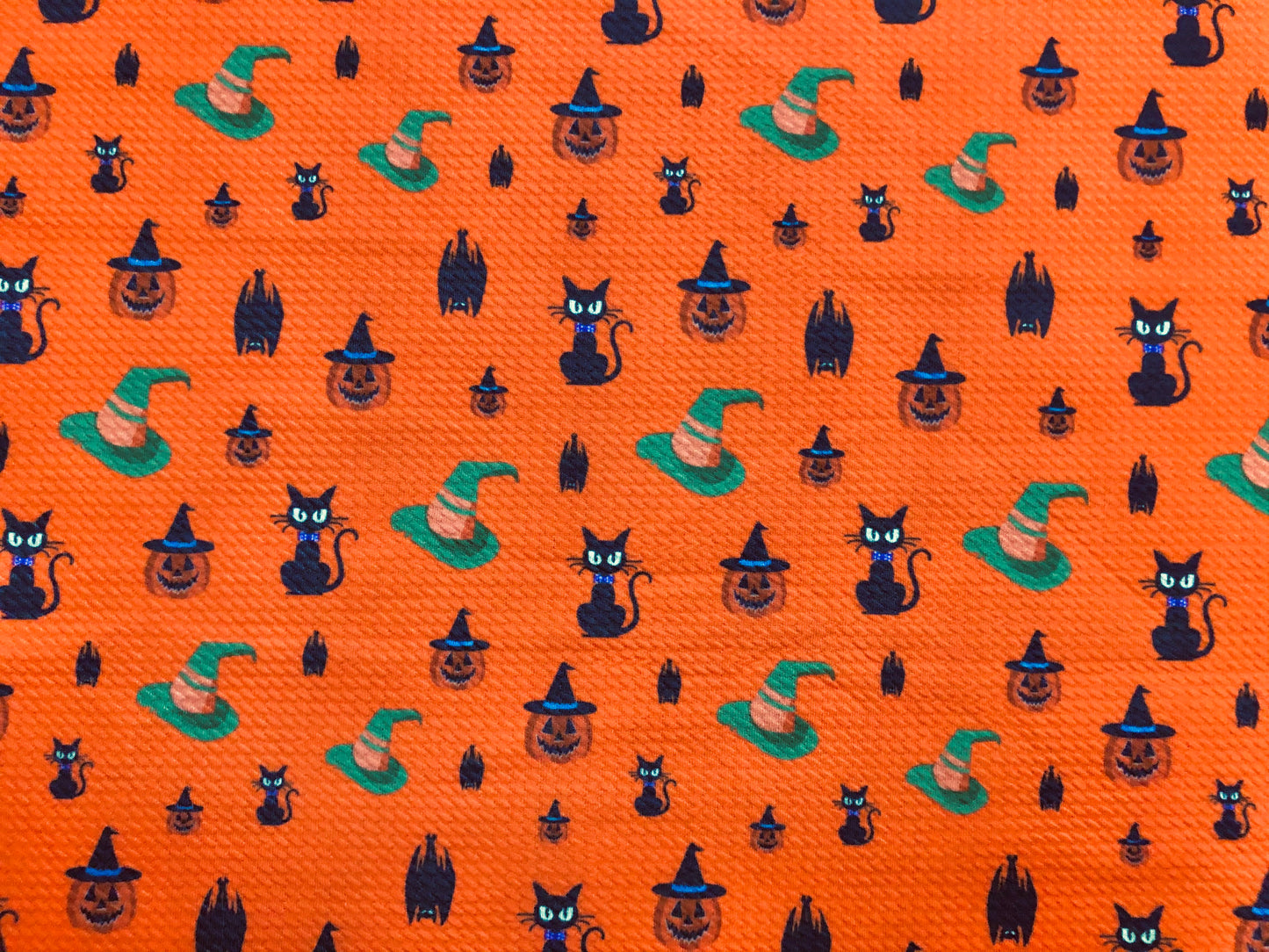 Bullet Knit Halloween Fabric – Black Cats, Witch Hats & Jack‑O’‑Lantern Print on Intense Orange, 56″ Wide, Sold by the Yard (BPR183)
