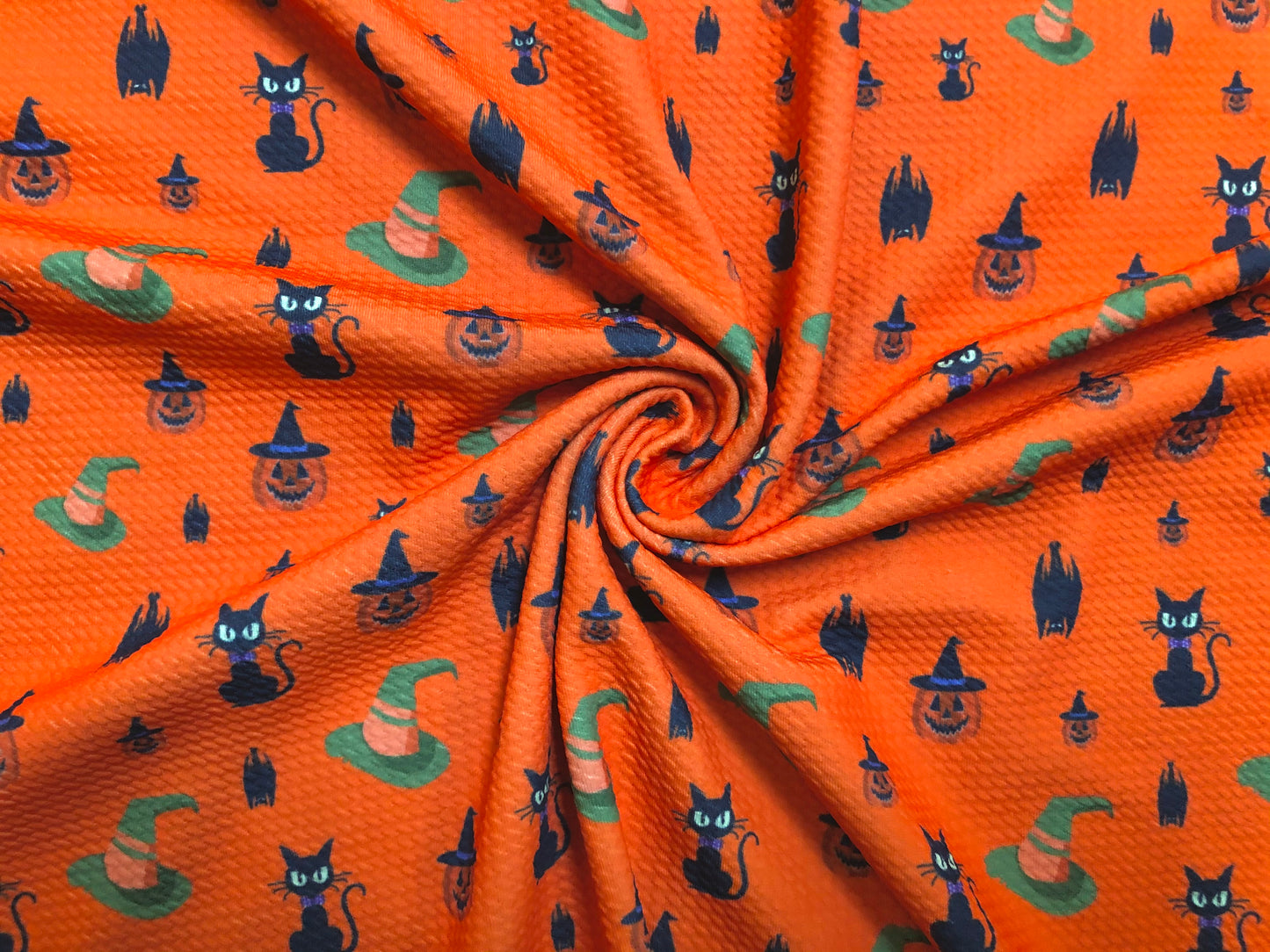 Bullet Knit Halloween Fabric – Black Cats, Witch Hats & Jack‑O’‑Lantern Print on Intense Orange, 56″ Wide, Sold by the Yard (BPR183)