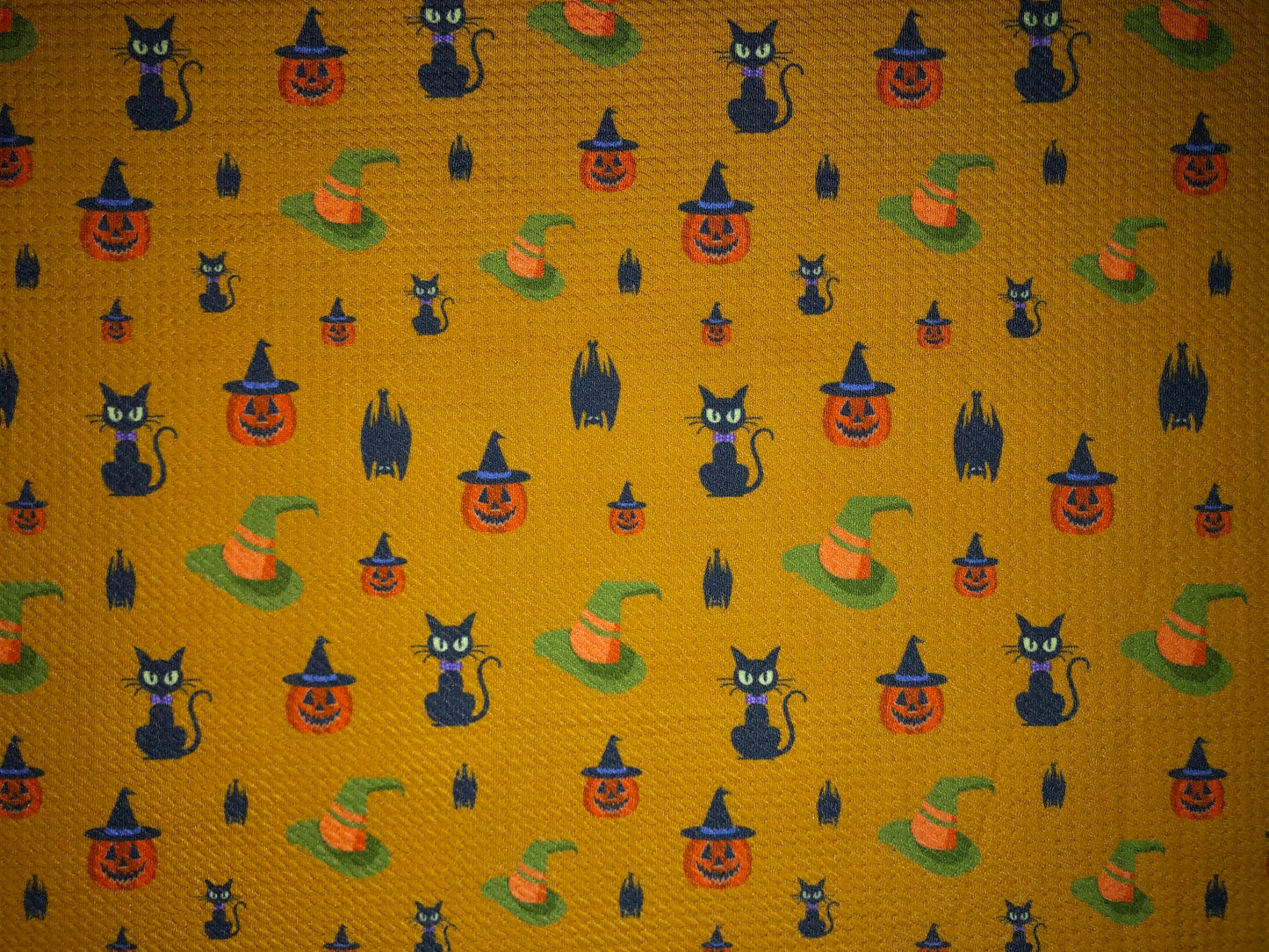 Premium Bullet Knit Halloween Fabric – Black Cats, Witch Hats & Jack‑O’‑Lantern Print on Mustard, 56″ Wide, Sold by the Yard (BPR184)