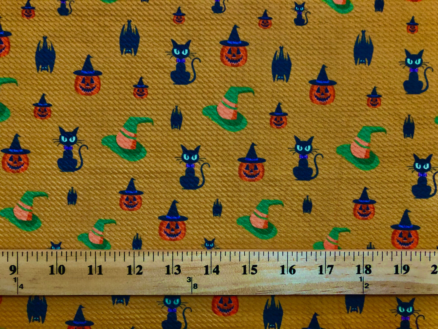 Premium Bullet Knit Halloween Fabric – Black Cats, Witch Hats & Jack‑O’‑Lantern Print on Mustard, 56″ Wide, Sold by the Yard (BPR184)