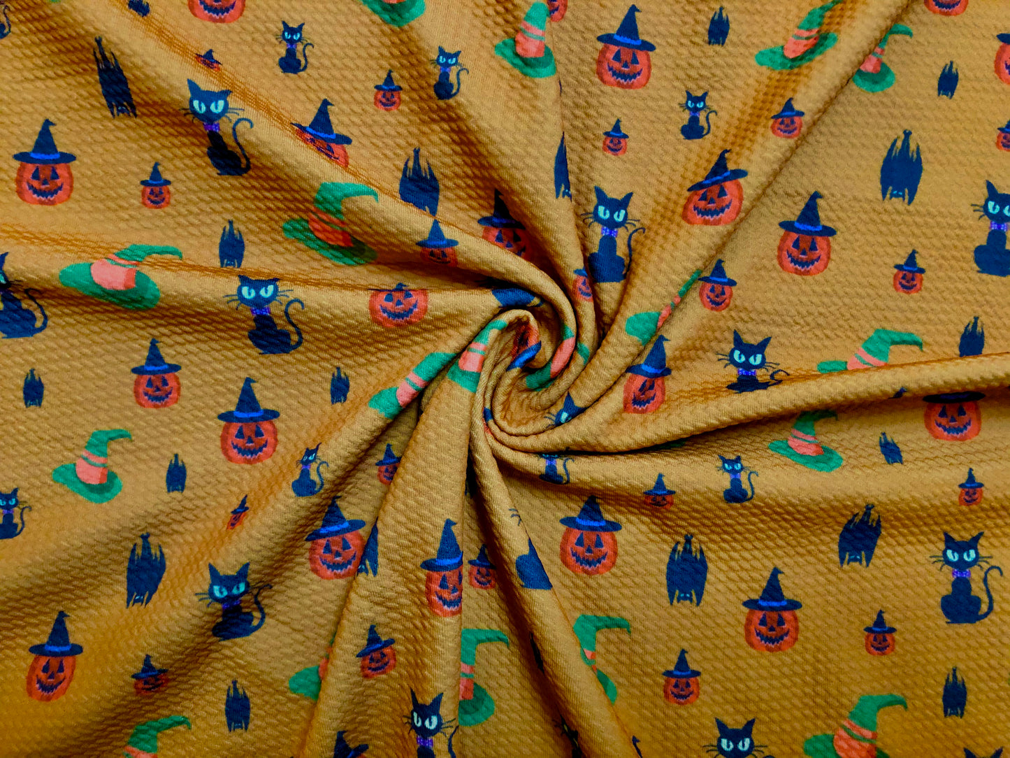 Premium Bullet Knit Halloween Fabric – Black Cats, Witch Hats & Jack‑O’‑Lantern Print on Mustard, 56″ Wide, Sold by the Yard (BPR184)