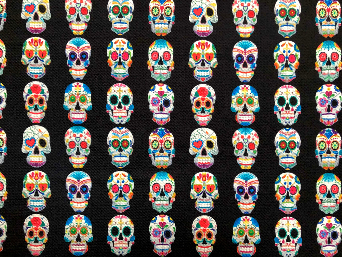 Bullet Knit Fabric –Sugar Skull Day of the Dead Colorful on Black Print, 56″ Wide, Sold by the Yard (BPR185)
