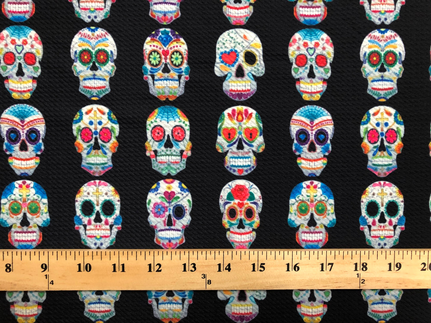 Bullet Knit Fabric –Sugar Skull Day of the Dead Colorful on Black Print, 56″ Wide, Sold by the Yard (BPR185)