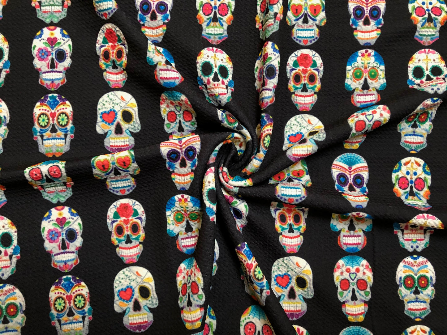 Bullet Knit Fabric –Sugar Skull Day of the Dead Colorful on Black Print, 56″ Wide, Sold by the Yard (BPR185)