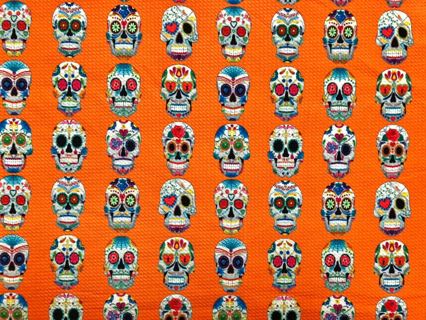 Premium Bullet Knit Fabric –Sugar Skull Day of the Dead Colorful on Vibrant Orange Print, 56″ Wide, Sold by the Yard (BPR186)