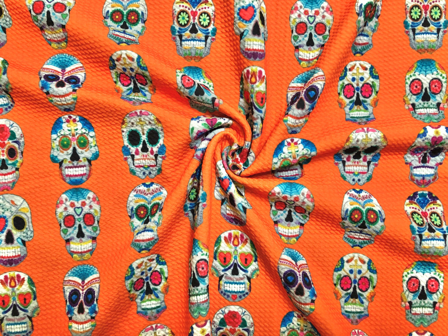 Premium Bullet Knit Fabric –Sugar Skull Day of the Dead Colorful on Vibrant Orange Print, 56″ Wide, Sold by the Yard (BPR186)