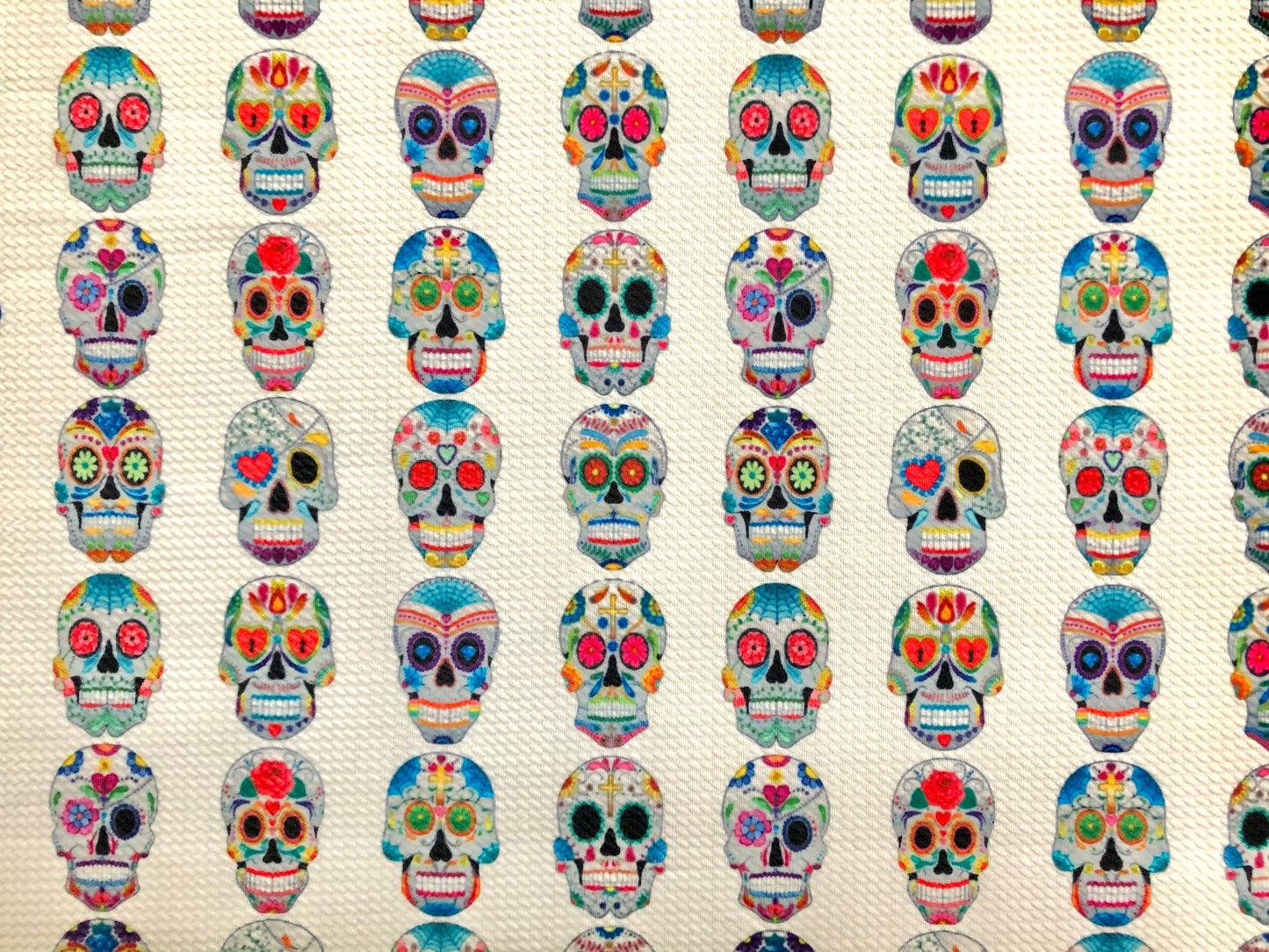Bullet Knit Fabric –Sugar Skull Day of the Dead Colorful on Ivory Print, 56″ Wide, Sold by the Yard (BPR187)