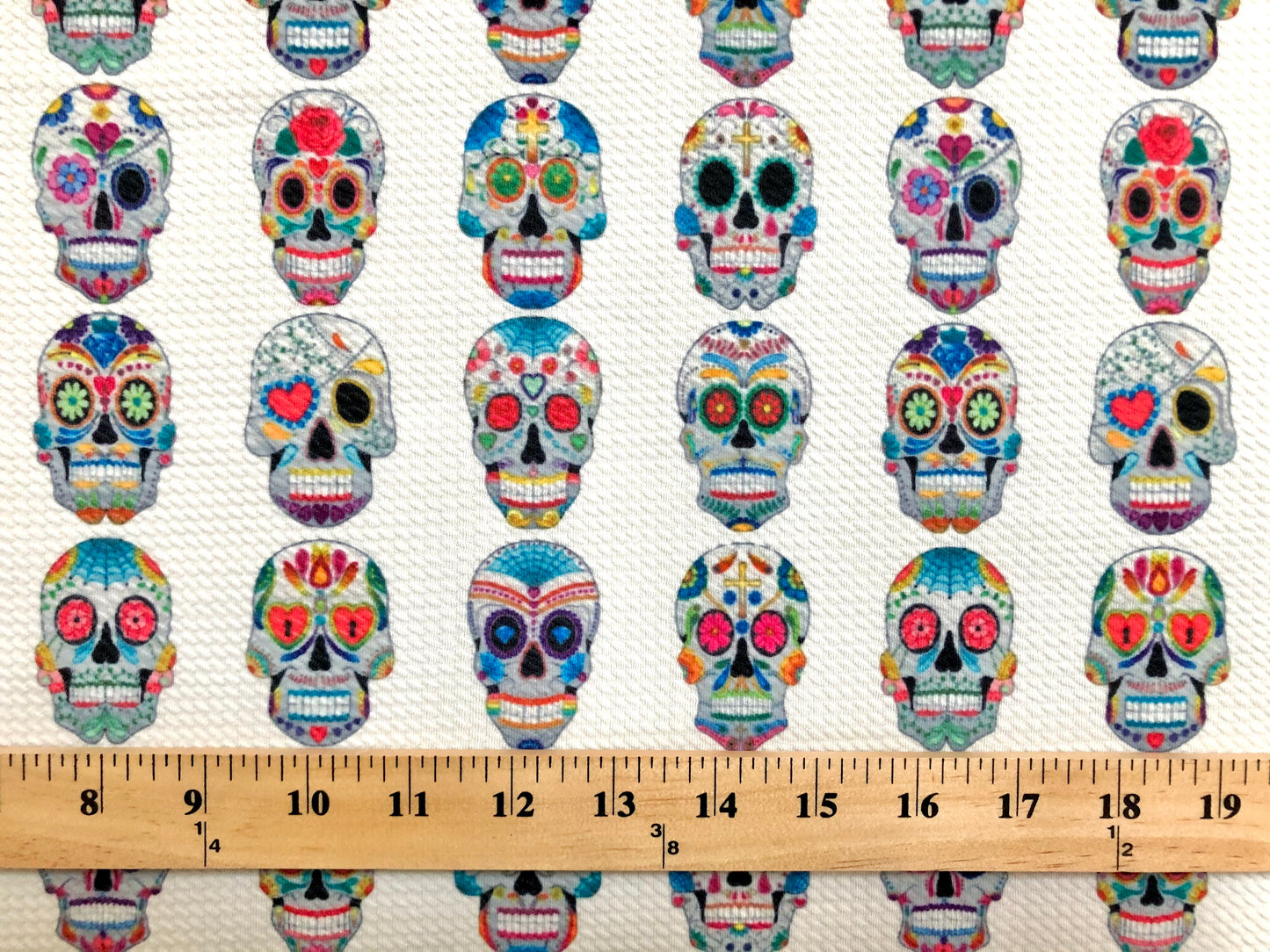 Bullet Knit Fabric –Sugar Skull Day of the Dead Colorful on Ivory Print, 56″ Wide, Sold by the Yard (BPR187)