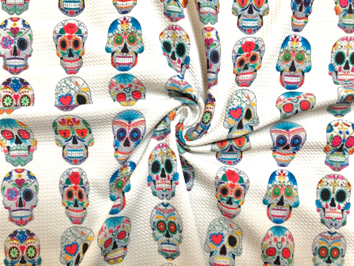 Bullet Knit Fabric –Sugar Skull Day of the Dead Colorful on Ivory Print, 56″ Wide, Sold by the Yard (BPR187)