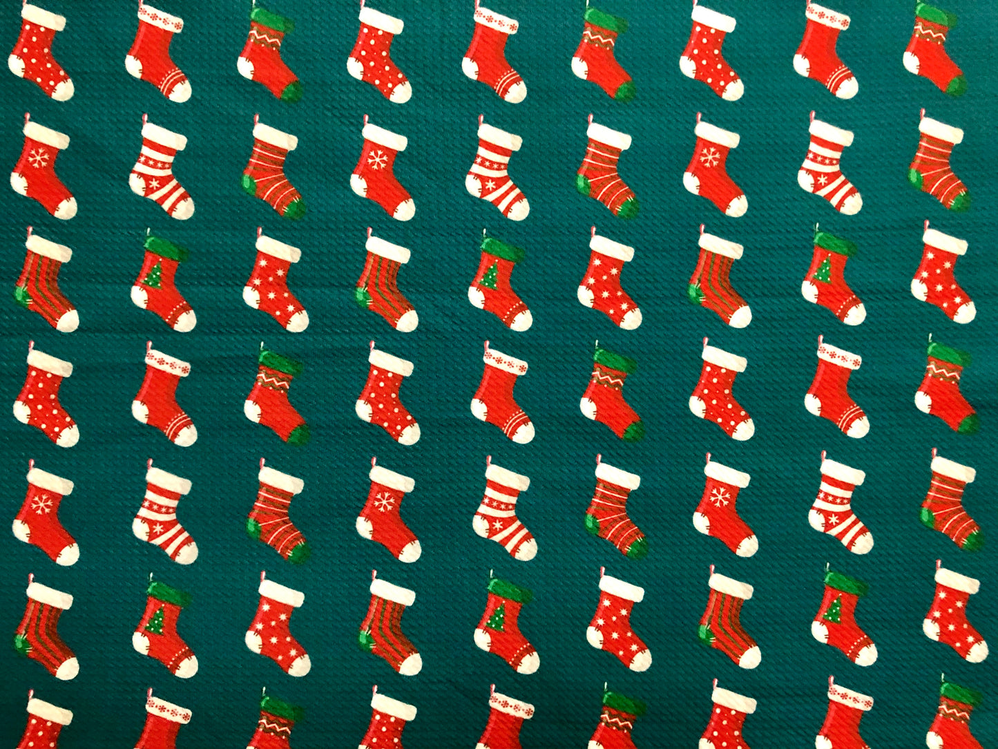 Premium Bullet Knit Fabric – Festive Red Stocking Print on Hunter Green, 4‑Way Stretch, 56″ Wide, Sold by the Yard (BPR190)