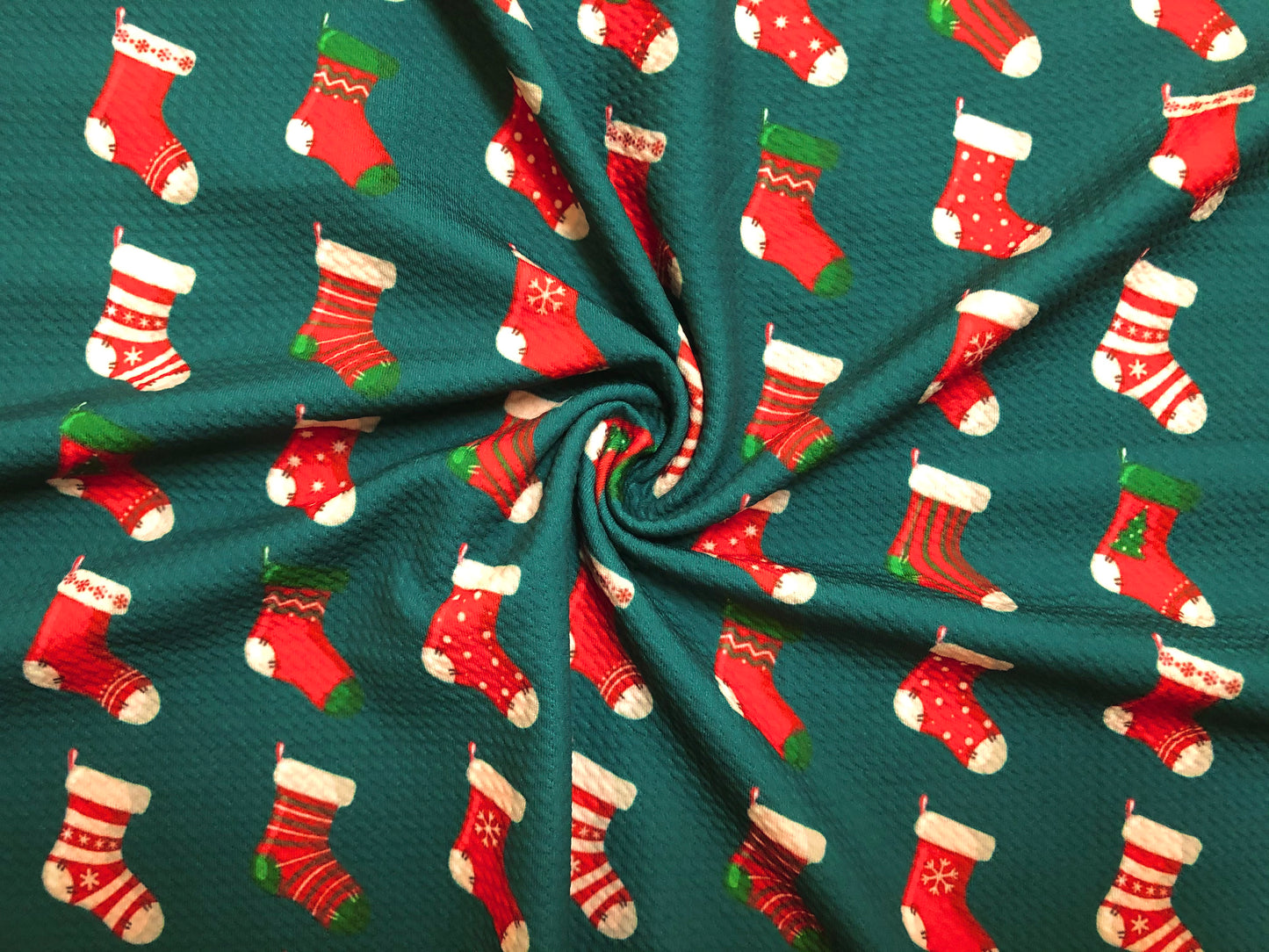 Premium Bullet Knit Fabric – Festive Red Stocking Print on Hunter Green, 4‑Way Stretch, 56″ Wide, Sold by the Yard (BPR190)