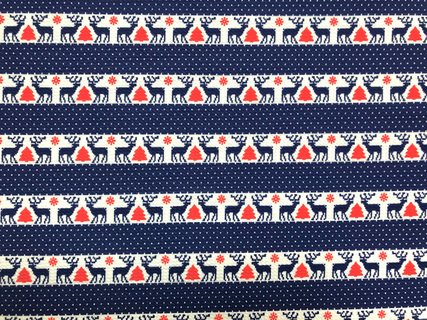 Premium Bullet Knit Holiday Fabric – Nordic Reindeer & Tree Stripe Print in Navy, Red & White, 56″ Wide, Sold by the Yard (BPR191)