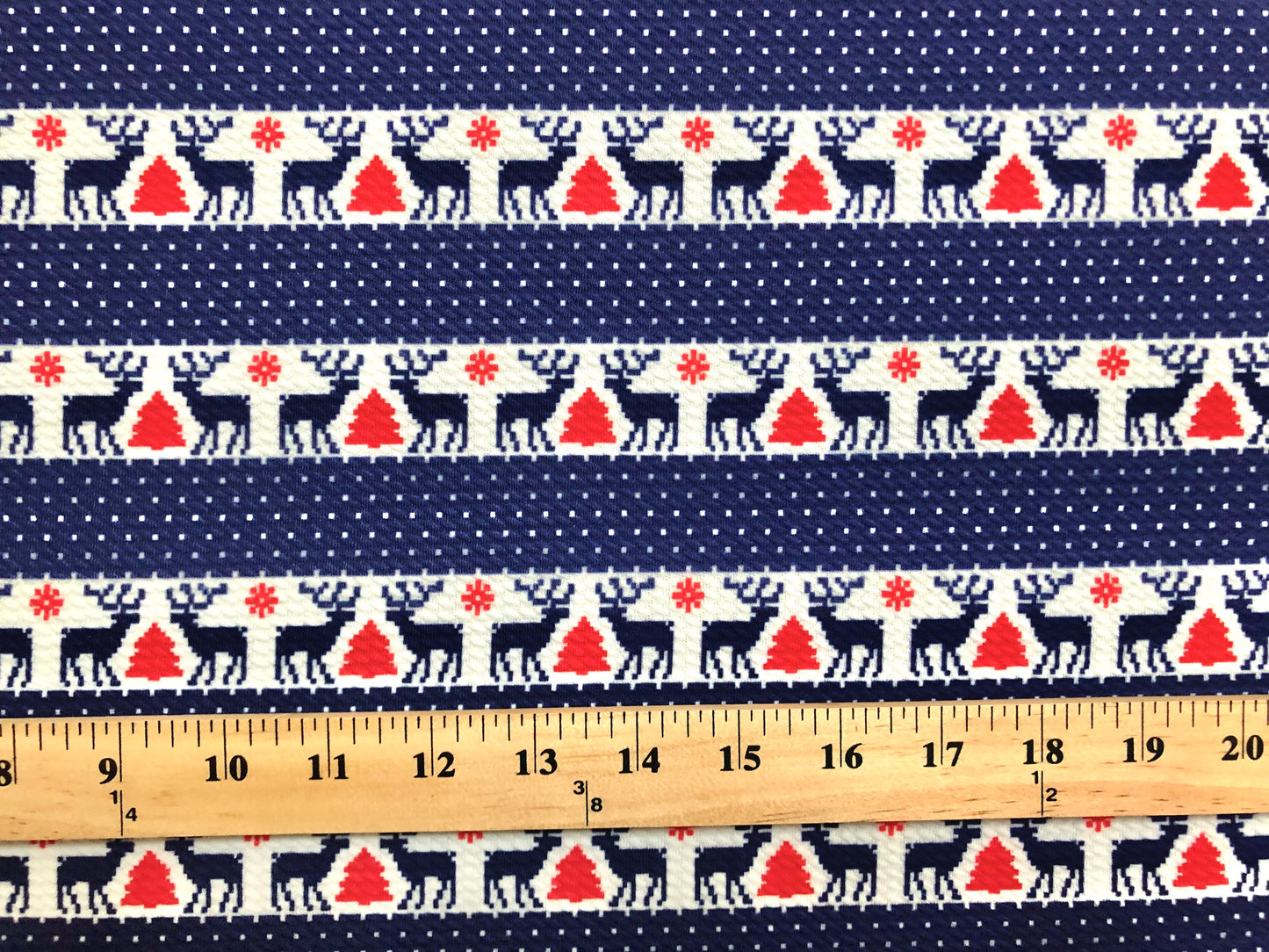 Premium Bullet Knit Holiday Fabric – Nordic Reindeer & Tree Stripe Print in Navy, Red & White, 56″ Wide, Sold by the Yard (BPR191)