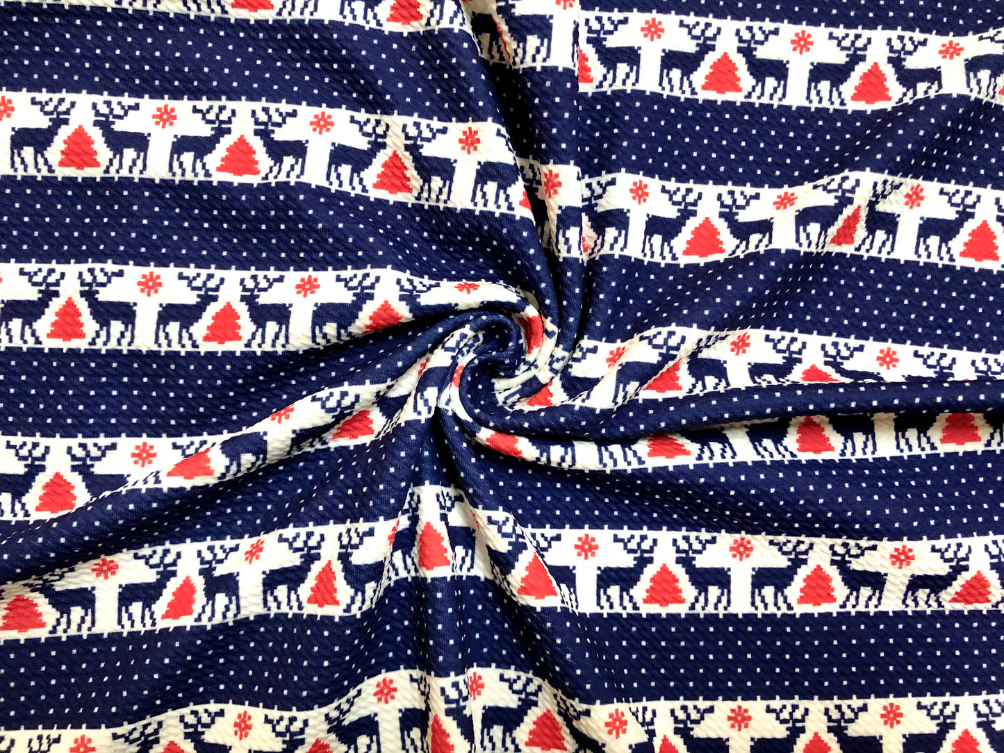 Premium Bullet Knit Holiday Fabric – Nordic Reindeer & Tree Stripe Print in Navy, Red & White, 56″ Wide, Sold by the Yard (BPR191)