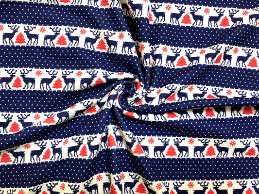 Premium Bullet Knit Holiday Fabric – Nordic Reindeer & Tree Stripe Print in Navy, Red & White, 56″ Wide, Sold by the Yard (BPR191)