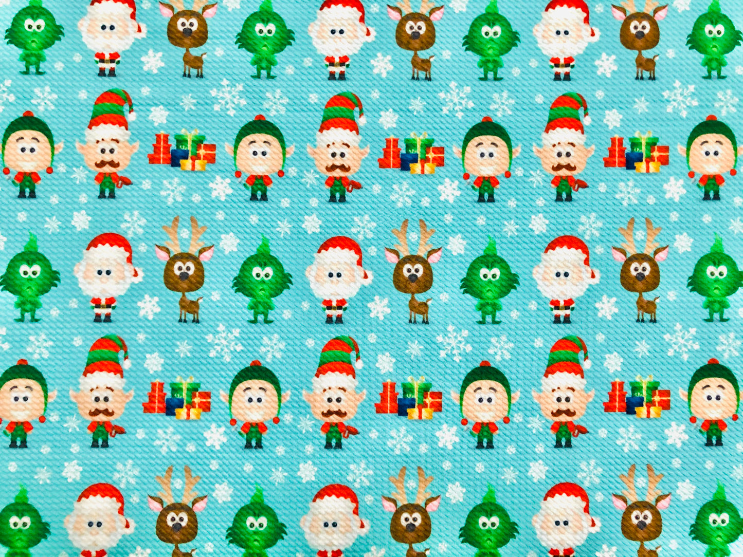 Premium Bullet Knit Christmas Holiday Fabric – Vivid Blue Cartoon Santa, Elves & Reindeer Print, 56″ Wide, Sold by the Yard (BPR192)