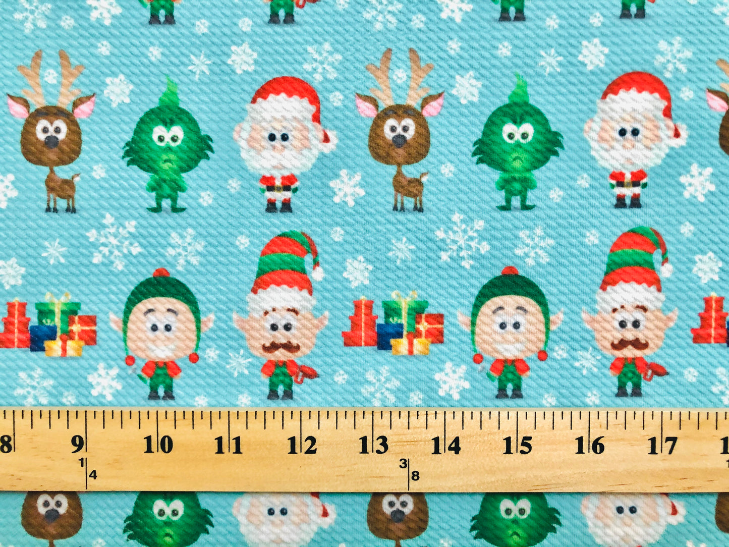 Premium Bullet Knit Christmas Holiday Fabric – Vivid Blue Cartoon Santa, Elves & Reindeer Print, 56″ Wide, Sold by the Yard (BPR192)