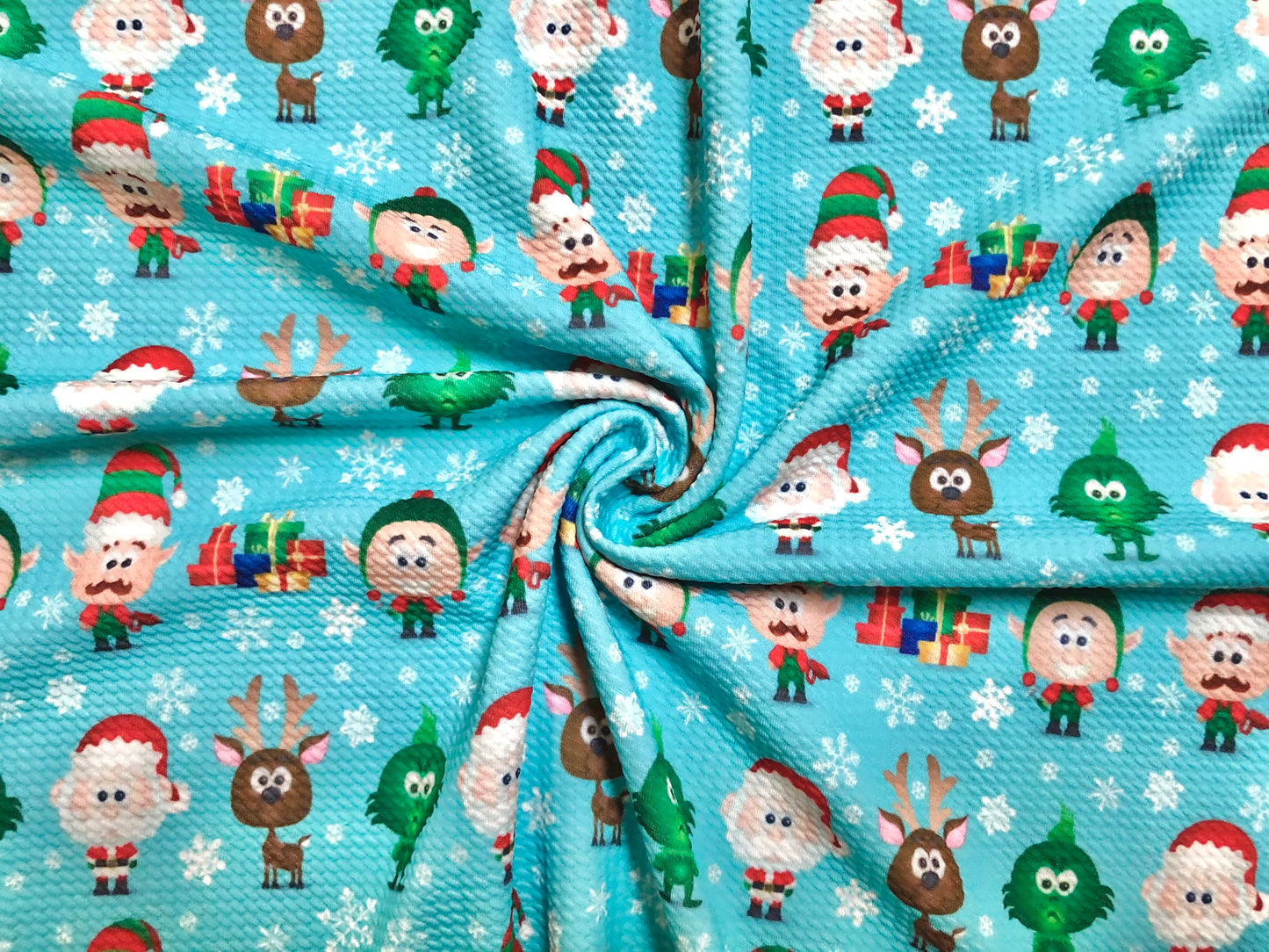 Premium Bullet Knit Christmas Holiday Fabric – Vivid Blue Cartoon Santa, Elves & Reindeer Print, 56″ Wide, Sold by the Yard (BPR192)