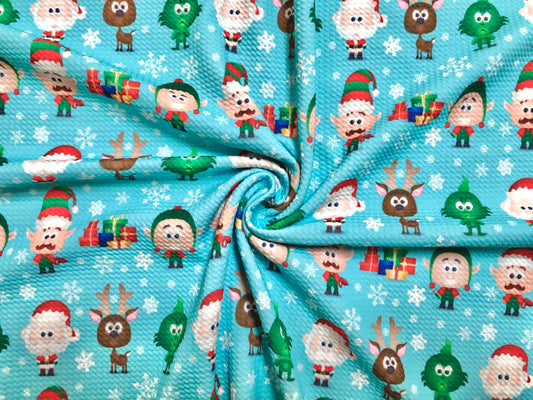 Premium Bullet Knit Christmas Holiday Fabric – Vivid Blue Cartoon Santa, Elves & Reindeer Print, 56″ Wide, Sold by the Yard (BPR192)