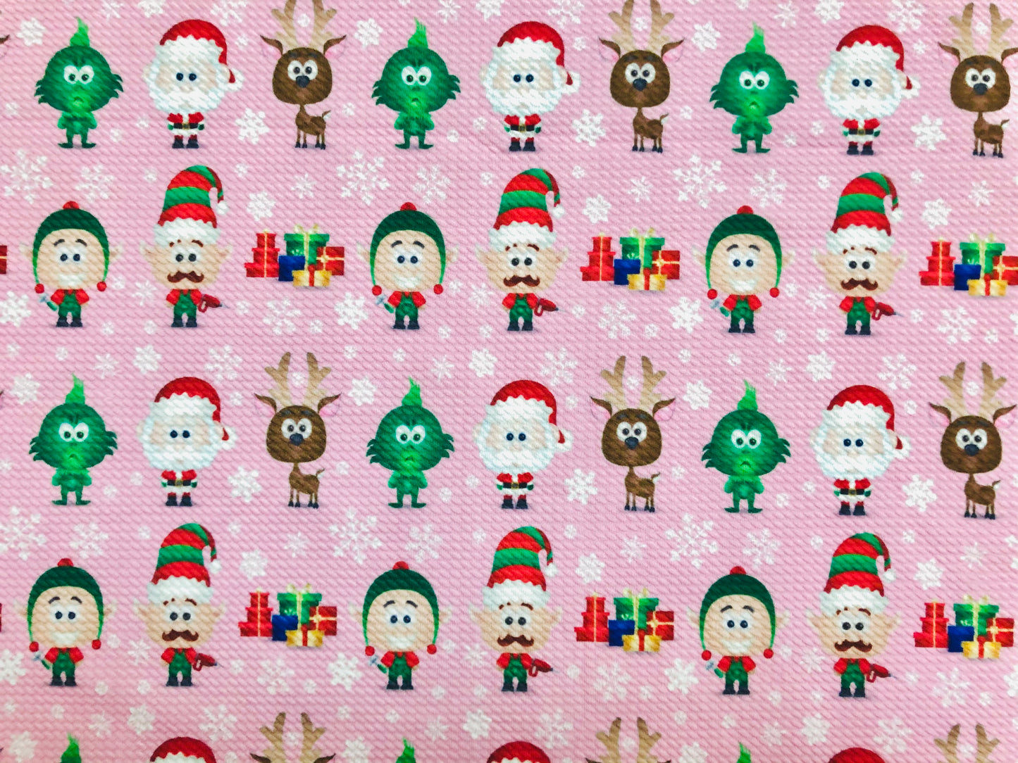 Premium Bullet Knit Christmas Holiday Fabric – Pink Cartoon Santa, Elves & Reindeer Print, 56″ Wide, Sold by the Yard (BPR193)