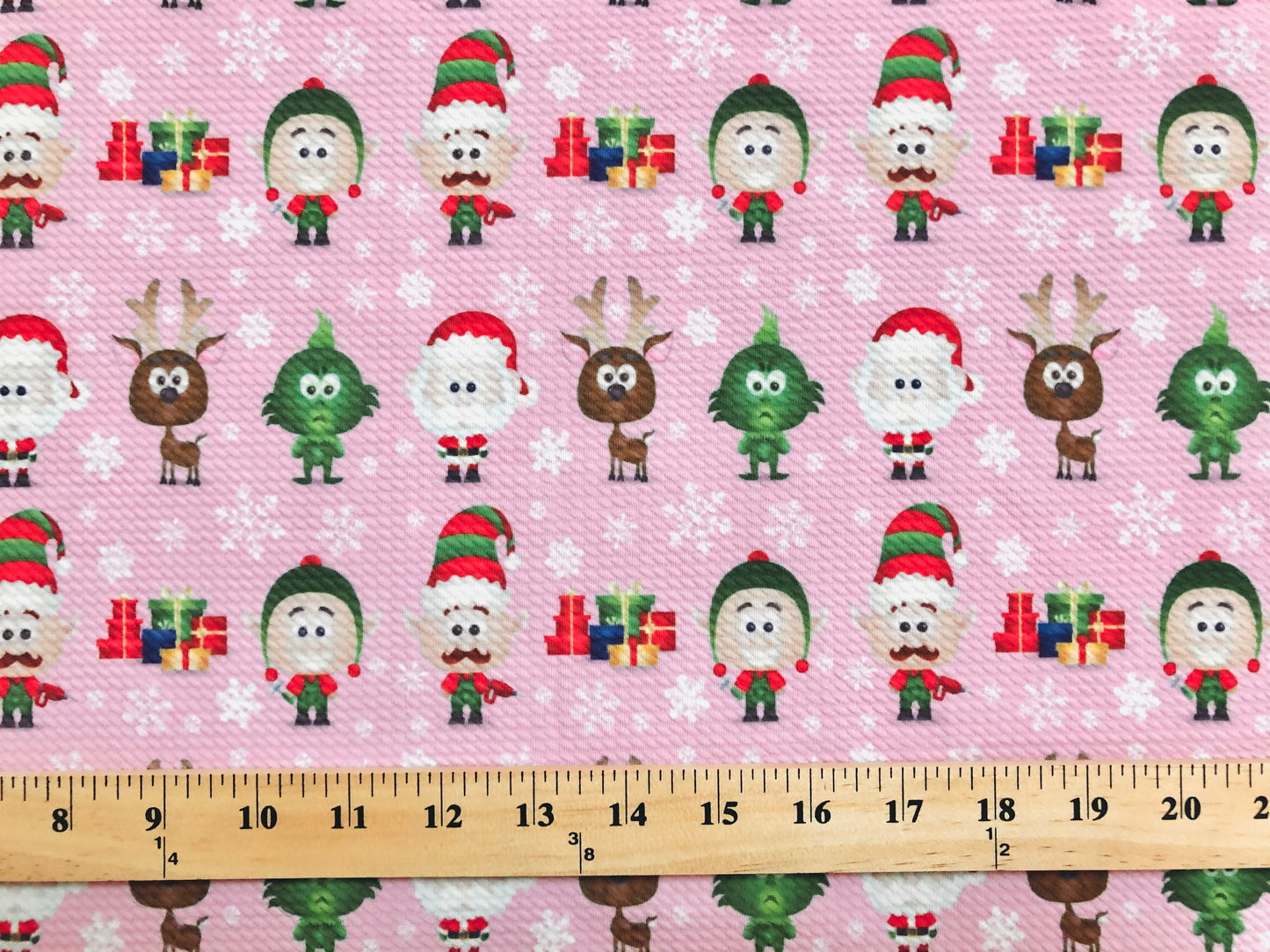 Premium Bullet Knit Christmas Holiday Fabric – Pink Cartoon Santa, Elves & Reindeer Print, 56″ Wide, Sold by the Yard (BPR193)